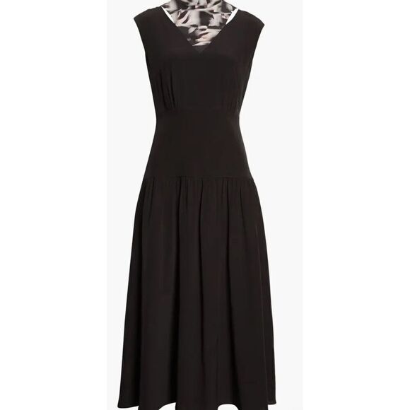 Jason Wu Cap Sleeve Midi Fit & Flare Dress with Silk Neck Tie in Black/Pink New